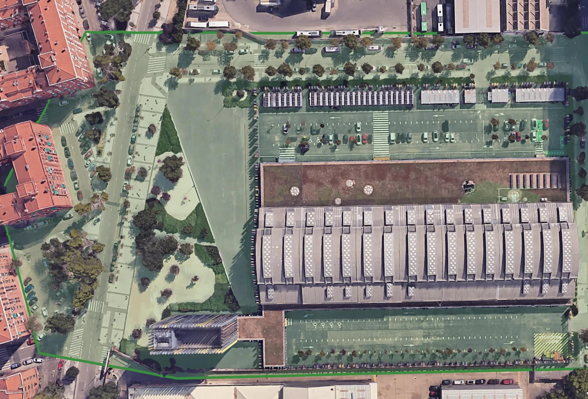Vista aérea de la zona de recarga MVP de chark en La Nave, Madrid, unos 40.000 m² marcados en verde